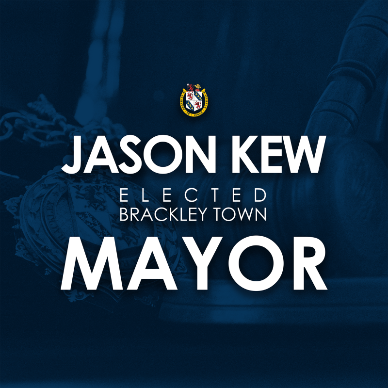 Title image that reads 'Jason Kew Elected Brackley Town Mayor' in white text on navy background.