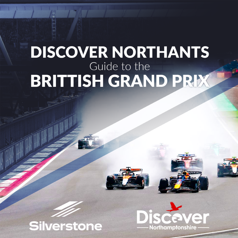 Discover Northamptonshire guide to the British Grand Prix, featuring Formula 1 cars racing at Silverstone Circuit.