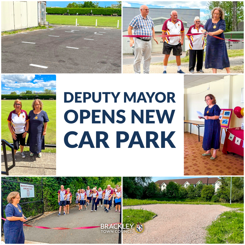 Deputy Mayor cuts a ribbon to officially open the new car park at Brackley & District Bowling Club, alongside photos of the completed parking area and