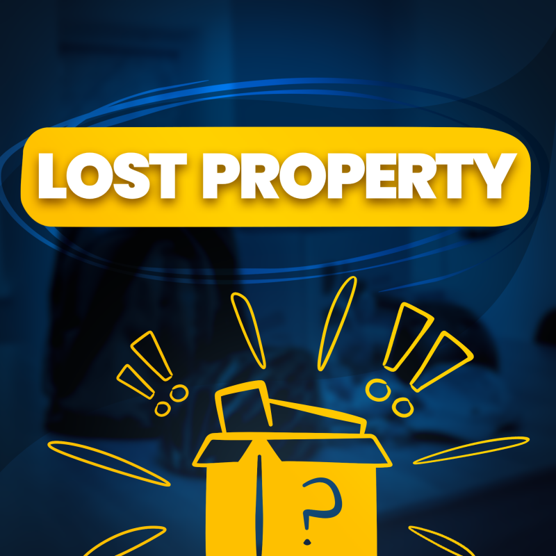 Lost Property graphic with bold white text on a yellow banner reading