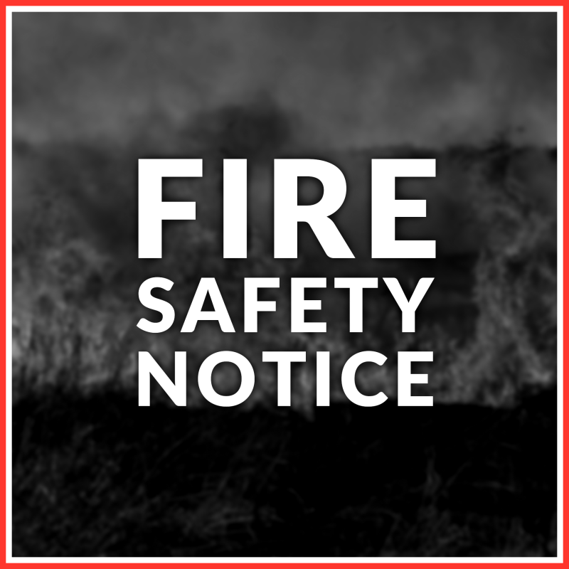 Dark background with red border, white text reads 'Fire Safety Notice'.