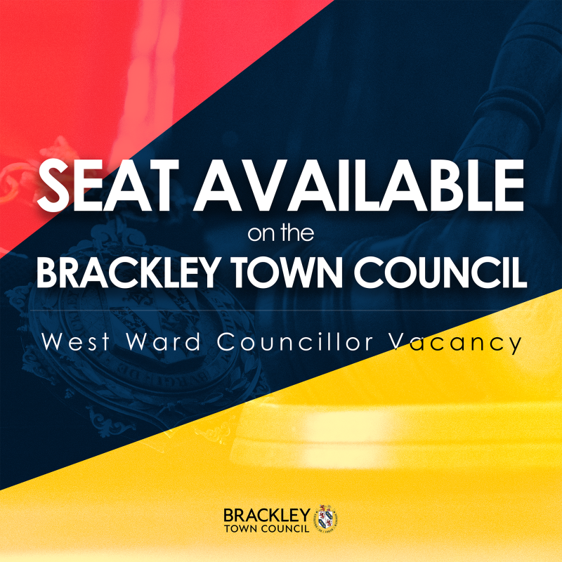 Title image, navy red and yellow background with text that reads 'Seat available on the Brackley Town Council - West Ward councillor vacancy.'