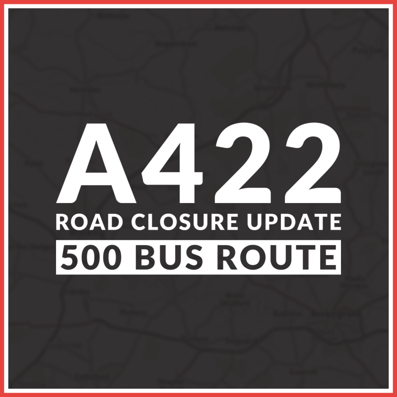 Square roadworks update graphic with a dark grey map-style background and thin red-and-white border. Large white text reads “A422”, with smaller t
