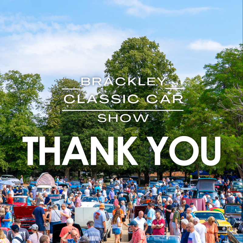 Photo of the crowd at the Brackley Summer Classic Car Show with the event logo in white, and text that reads 'Thank You'.