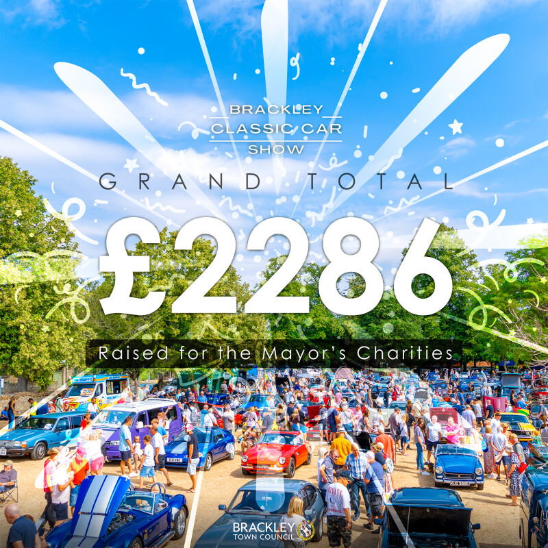 Photo of Brackley Classic Car Show, with event logo in white at the top, brackley town council logo at the bottom, and white text that reads 'GRAND TO