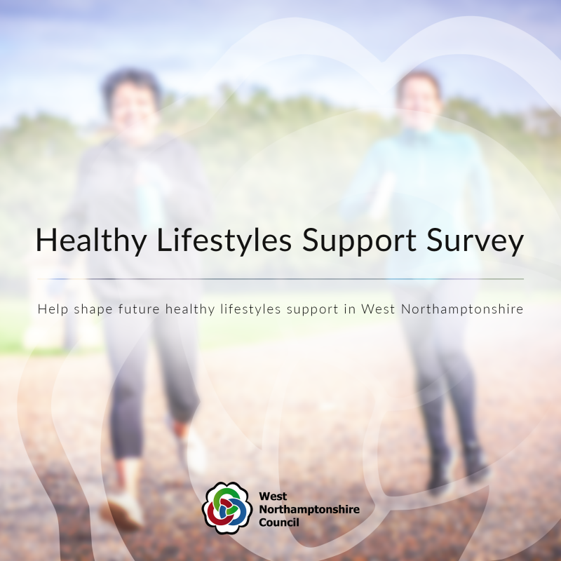Blurred photo background of people running, with title that reads ' Healthy Lifestyle Support Survey'. West Northamptonshire Council logo at the botto