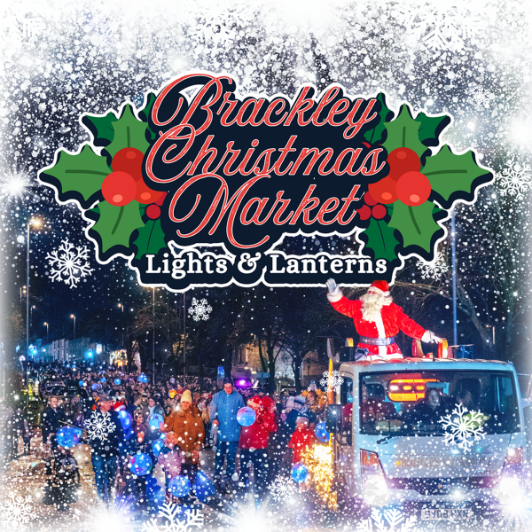 Photo of the Brackley Lantern Parade, with Christmas themed logo that reads 'Brackley Christmas Market, Lights & Lanterns'.